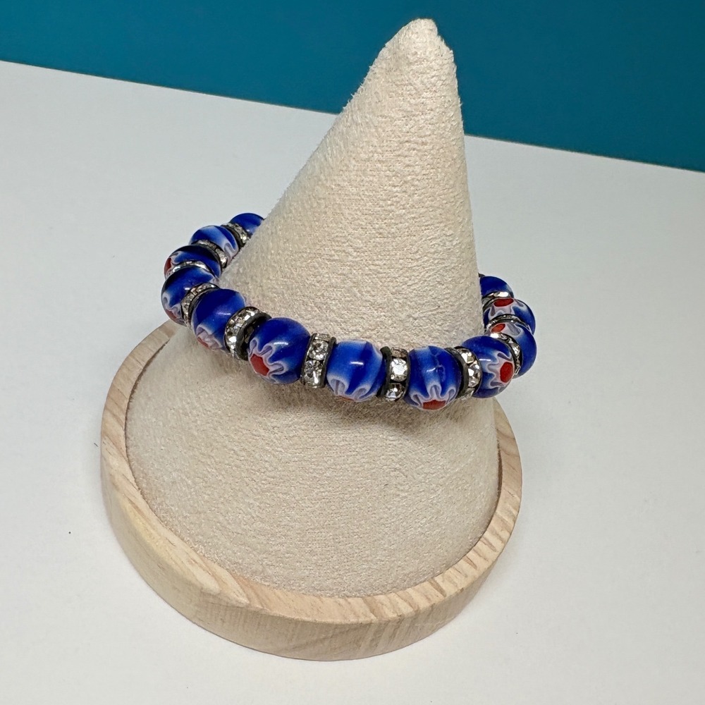 Blue Millefiori Glass Bead Stretch Bracelet Rhinestone Rondelle Floral